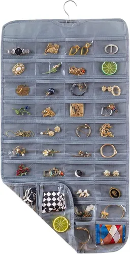 Miniatura 7 de Organizador colgante de doble cara para joyas, soporte para herramientas pequeñas con 80 bolsillos transparentes (negro)