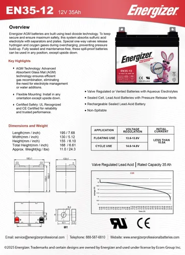 Miniatura 7 de Energizer EN35-12, Batería recargable de plomo ácido sellada AGM de 12 voltios 35 amp/hr de larga duración, ideal para usar en sillas de ruedas
