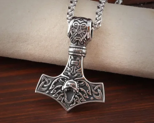 Miniatura 22 de Viking Thors Hammer Necklace Pendant - Vegvisir Aegishjalmur Helm of Awe Raven Huginn Muninn Pendant Necklace Amulet Talisman - Thor Necklace