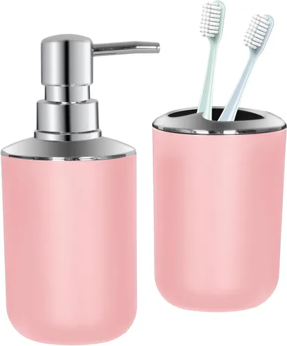 Juego de 2 accesorios de baño rosa, accesorios de baño rosas, dispensador de jabón de plástico y soporte para cepillo de dientes, decoración de baño