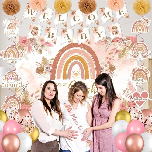Miniatura 5 de Decoraciones de baby shower estilo bohemio rosa para niña, A Little Ray of Sunshine is Almost Here Boho Rainbow Welcome Baby Banner telón de fondo