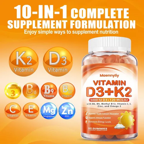 Miniatura 3 de Gomitas de vitamina D3 K2 para adultos – Vitamina D3 5000IU + K2 (MK-7) 120mcg – Suplementos D3 y K2 sin azúcar con omega-3, metilo B12, B9, B6