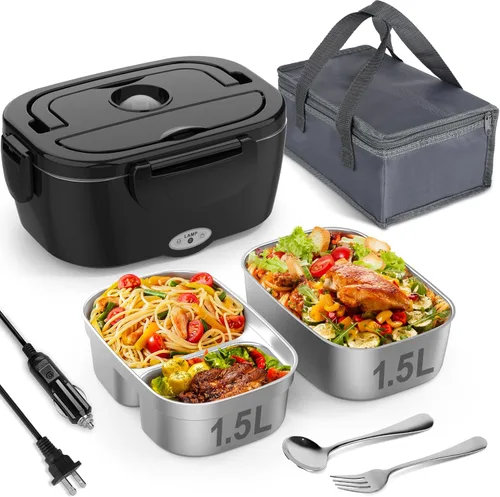 Vabaso Electric Lunch Box for Adults, 80W Heated Lunch Box with Dual 1.5L Stainless Steel Containers, Portable Food Warmer for Men Work Car Truck,