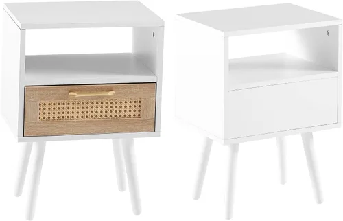 Miniatura 17 de Mesita de noche, mesa auxiliar con cajón decorativo de ratán y patas de madera maciza, mesa decorativa de madera con almacenamiento para dormitorio