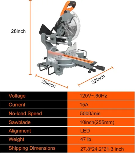 Miniatura 7 de Sierra ingletadora compuesta de 10 pulgadas, sierra ingletadora deslizante LAZYLAND 15A 5000RPM con doble bisel 0-45°, luz de trabajo LED y bolsa