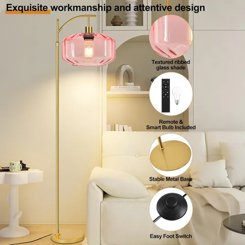 Miniatura 5 de Lámparas de pie doradas para sala de estar, dormitorio, lámpara de pie de cristal con control remoto y pantalla rosa, lámpara de pie regulable