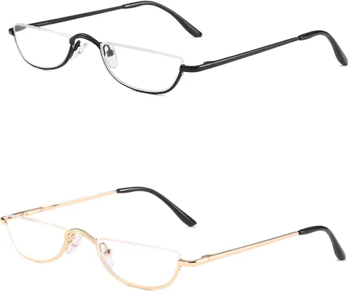 Gafas de Lectura Media Montura - 2 Pares de Gafas con Marco de Metal de Media Montura con Bisagra de Resorte para Hombre y Mujer, Negro+Oro 1.75