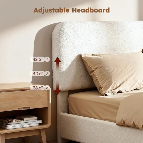 Miniatura 4 de Estructura de cama en forma de nube BERRY NEST, estructura de cama suave de bouclé con cabecero ajustable, patas de madera maciza, diseño