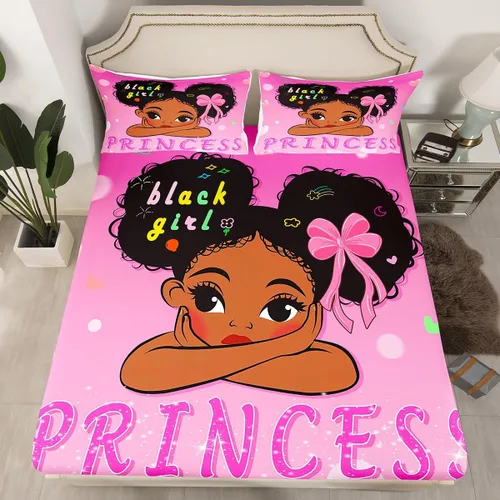 Miniatura 19 de Erosebridal Lindas sábanas negras para niñas, sábana bajera ajustable de niña africana americana, tamaño individual, sábanas psicodélicas moradas