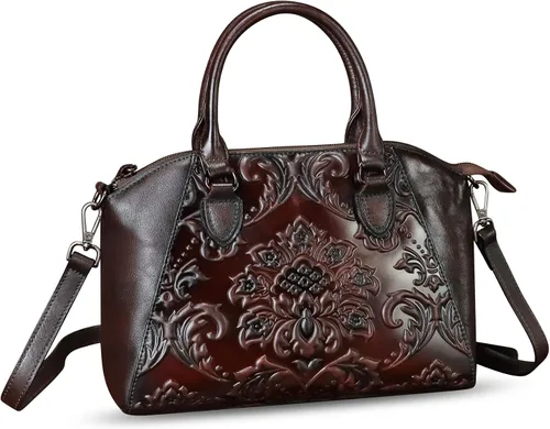 Bolsos y bolsos de cuero genuino para mujer, estilo vintage, de cuero en relieve, bandolera, correa para el hombro