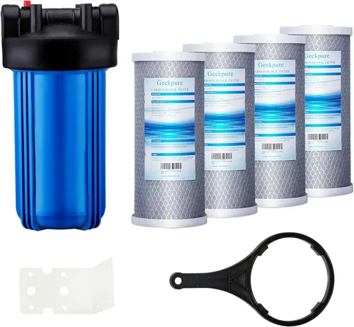 Geekpure Sistema de filtro de agua para toda la casa de 10 pulgadas con 4 filtros de bloque de carbono, puerto de 4.5 x 10 pulgadas - 3/4 pulgadas