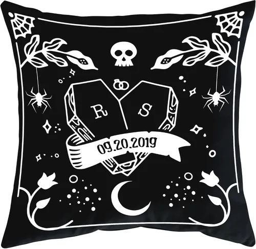 Hyturtle Almohada gótica personalizada para parejas (inserto incluido) – Decoración espeluznante para Halloween y aniversario de boda – Regalos