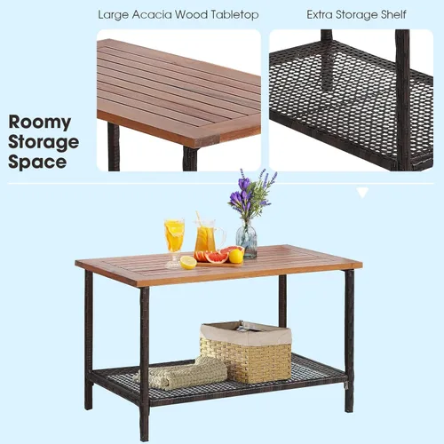 Miniatura 7 de Tangkula Patiojoy - Juego de muebles de patio de 4 piezas, madera de acacia para exteriores, juego de conversación de mimbre PE con cojines, juego
