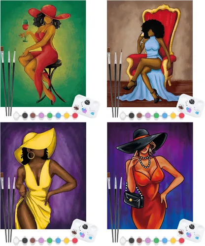 Nuberlic Paquete de 4 pinturas elegantes de 8 x 10 pulgadas, lienzo predibujado para pintar para adultos Afro Queen sorbo y pintura, recuerdo de