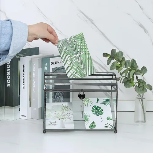 Miniatura 4 de HighFree Caja grande de cristal para tarjetas de boda de 12.2 pulgadas con ranura y cerradura, terrario geométrico de cobre hecho a mano, caja