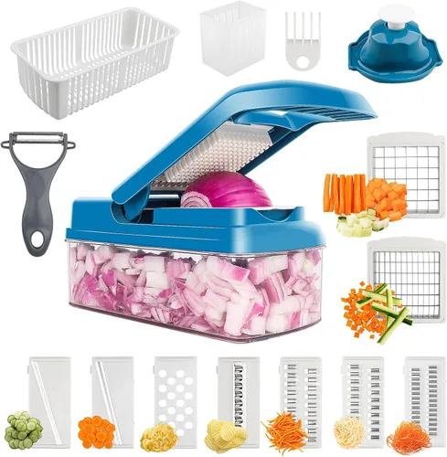 Picador de verduras 10 en 1 rentable - Picador de cebolla con recipiente - Cortador de rebanador - Rallador de alimentos - Cortador de