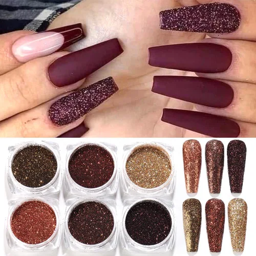 Miniatura 11 de Polvo de uñas cromado, efecto espejo, polvo metálico, 6 colores, bronce, marrón, negro, oro rosa, holográfico, purpurina cromada, pigmento en polvo
