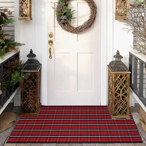 Miniatura 13 de Alfombra de cuadros rojos y blancos de Navidad de 27.5 x 43 pulgadas, tejida a mano para interiores y exteriores, mezcla de algodón a cuadros