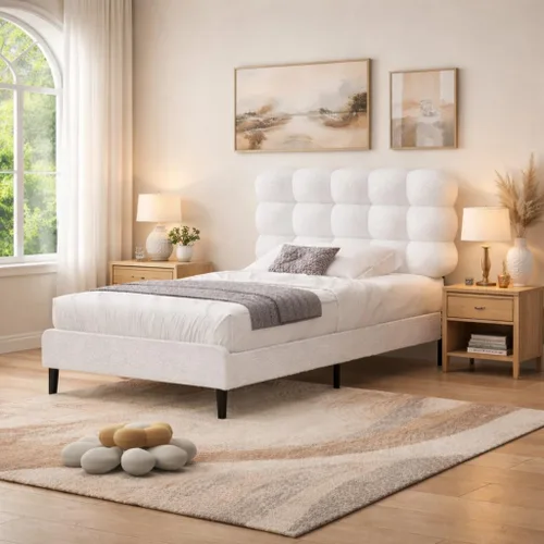 Miniatura 8 de Base de cama individual BarnFurin, cama plataforma con cabecero tapizado, base de cama de tela de bouclé suave con soporte de listones de madera