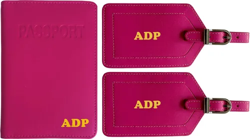 Soporte personalizado de cuero con monograma RFID para pasaporte y 2 etiquetas de equipaje, Brillante rosa, Juego de funda para pasaporte RFID y 2