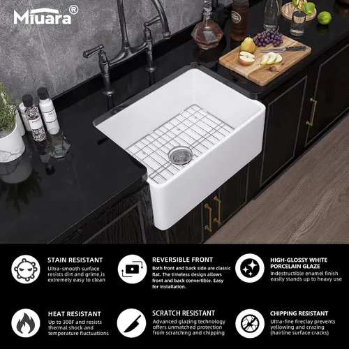 Miniatura 3 de Miuara Fregadero de Granja de 24 Pulgadas – Fregadero de Cocina Pequeño con Delantal Frontal de Montaje Inferior Reversible 24"x18"x10", Estilo Casa