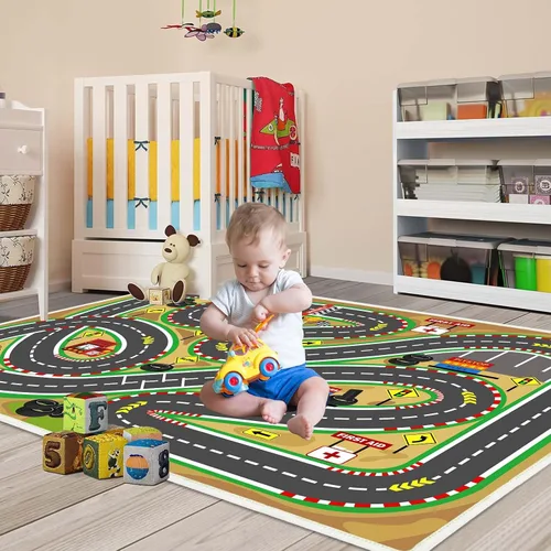 Miniatura 7 de Alfombra de juego para niños de 31 x 47 pulgadas, suave y antideslizante, alfombra de coche de mapa, alfombra para niños, autos de juguete, pista
