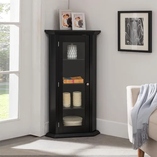 Kings Brand Furniture - Armario de almacenamiento esquinero con puerta de cristal, vitrina de esquina con 4 estantes, gabinete de madera para sala