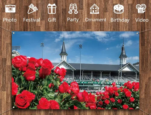 Miniatura 5 de Vohado Telón de fondo para cabina de fotos de Kentucky Churchill Downs 2025 con temática de carreras de caballos, decoración de pared con rosas