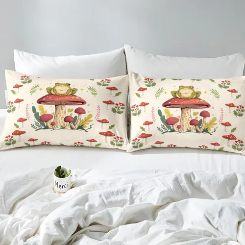Miniatura 4 de Juego de funda de edredón con estampado de rana para niños, juego de ropa de cama Kawaii para decoración de habitación, diseño de hongos y rana