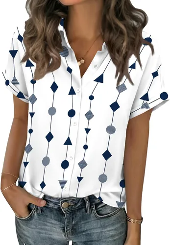 Miniatura 17 de Zeagoo Blusas de verano de manga corta para mujer, camisas casuales con botones, blusas de trabajo de negocios sólidas/a rayas
