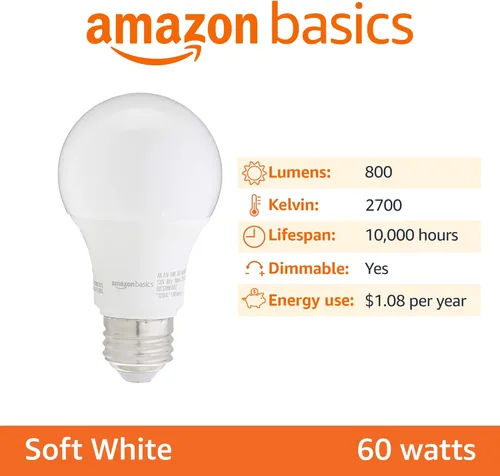 Miniatura 2 de Amazon Basics - Bombillas LED A19, equivalente a 60 vatios, 9W de eficiencia energética, base estándar E26, color blanco suave 2700K, regulable
