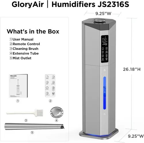 Miniatura 9 de Humidifiers for Bedroom - GloryAir 2.38Gal/9L Dual Atomizers Top Fill Humidifier for Large Room 2000ft² with Auto Rotation 7-Color Light Humidistat