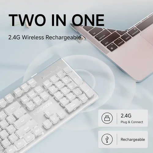 Miniatura 3 de SEUNKWANG EWEADN X7S - Teclado inalámbrico con retroiluminación blanca, panel de metal, teclado de computadora recargable de 2.4 G, luz silenciosa