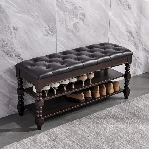 Miniatura 13 de Banco de almacenamiento de zapatos con cojín, banco de entrada con banco de almacenamiento de madera maciza para zapatos, ideal para entrada, sala