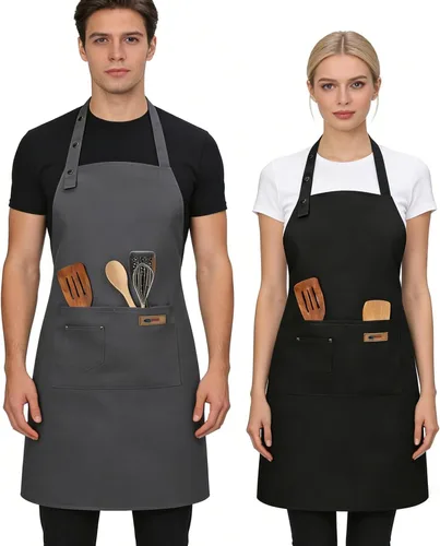 Miniatura 11 de Paquete de 2 delantales de cocina ajustables para mujeres y hombres con bolsillos, delantal de trabajo, parrilla, restaurante