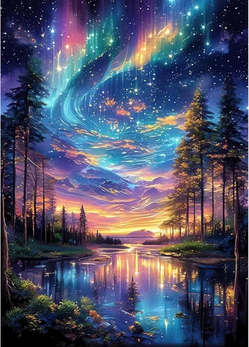 Rompecabezas de 1000 piezas para adultos – "Bosque de Aurora Cósmica" rompecabezas psicodélico de arte de cielo nocturno, paisaje de aurora boreal,