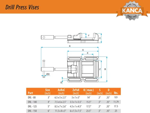 Miniatura 5 de Kanca Herramientas manuales de 4 pulgadas de bajo perfil tornillo DRL-100 preferido por artesanos y maquinistas para taladrar, roscar escariado