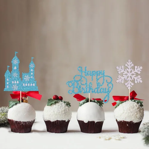 Miniatura 5 de Decoración de pastel de cumpleaños de castillo congelado, 3 piezas de decoración de pastel temático de invierno del país de las maravillas