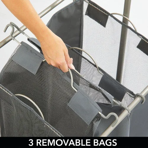 Miniatura 3 de mDesign Clasificador de ropa portátil con ruedas y barra para colgar ropa, sistema de carrito de metal resistente con 3 cestas organizadoras
