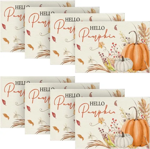 Miniatura 14 de Artoid Mode Juego de 2 manteles individuales de otoño de 12 x 18 pulgadas con diseño de hojas florales de calabaza naranja y calabaza