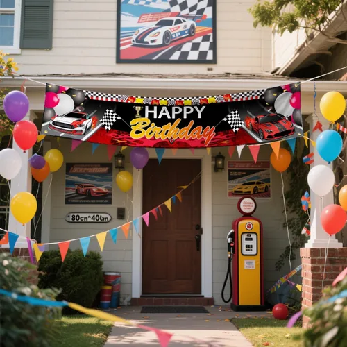 Miniatura 3 de Cartel de feliz cumpleaños de coche de carreras, cartel de patio con temática de auto de carreras para suministros de fiesta de cumpleaños, telón