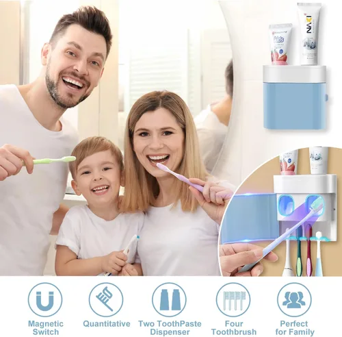 Miniatura 5 de Soporte para cepillos de dientes, dispensador de pasta de dientes montado en la pared con tapa, 4 ranuras, organizador de almacenamiento de cepillos
