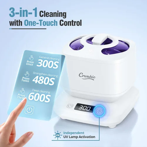 Miniatura 2 de Limpiador ultrasónico para retenedor, máquina limpiadora de retenedor desmontable de 45kHz con 3 modos, cápsula de limpieza dental con ventana Blanco
