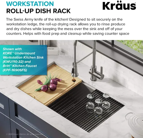 Miniatura 3 de Kraus Multiusos Escurreplatos Enrollable para Fregadero con Colador y Esterilla en Aqua, KRM-11AQ