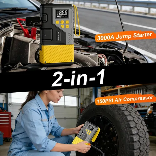 Miniatura 2 de Arrancador portátil para auto con compresor de aire para emergencias, pico de 3000 A y 150 PSI máx., para motores de 12 L de gasolina y 10 L