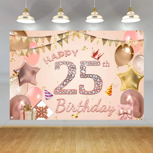 Cartel de tela con texto en inglés "Happy 25th Birthday" para mujer jovencita/mujer de 25 años, cartel de tela para fiesta de cumpleaños de 25 años,
