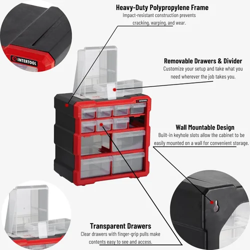 Miniatura 3 de INTERTOOL Organizador de piezas pequeñas – 12 cajones de contenedores extraíbles – Caja de herramientas para almacenar hardware y organización