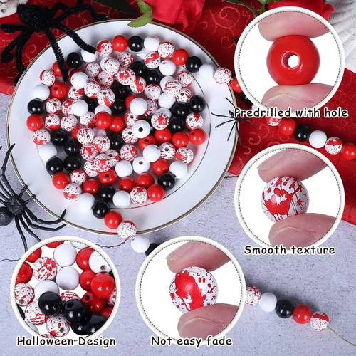 Miniatura 3 de Whaline Juego de 150 cuentas de madera de Halloween, cuentas focales de madera rojas, negras y blancas, cuentas de madera con salpicaduras