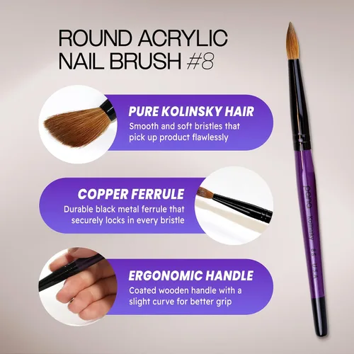 Miniatura 3 de PANA Pure Kolinsky Cepillo de uñas acrílico con mango de madera - forma redonda Púrpura