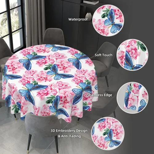 Miniatura 2 de Gianlaima Mantel redondo de primavera con diseño de mariposa azul azalea rosa, impermeable, lavable, para el hogar, restaurante, cocina, picnic